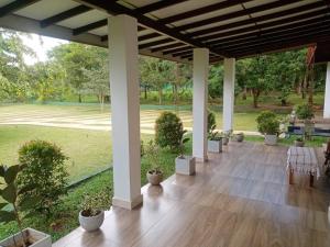 a pavilion with white columns and a park with trees at Kumbuk Sewana Villa in Anuradhapura