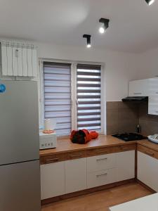 a kitchen with white cabinets and a counter top at Apartament Sienkiewicza in Starachowice