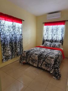 a bedroom with a bed and two windows at Casa para la familia in Boca Chica