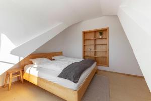 a bedroom with a bed and a book shelf at Guest House Štruc in Slovenj Gradec