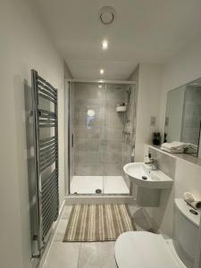 uma casa de banho com um chuveiro, um WC e um lavatório. em Home Away em Swanscombe