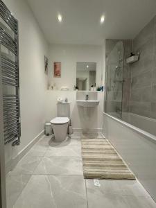 uma casa de banho com um WC, um chuveiro e um lavatório. em Home Away em Swanscombe