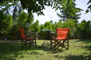 two chairs and a table in the grass at Country Art Studio Alkyoni in Kokkino Nero