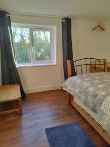 1 dormitorio con cama y ventana en Two Birds Weekly Stay, en Malmesbury