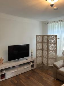 een woonkamer met een flatscreen-tv en een bank bij Landhaus Ana-Vital in Merzig