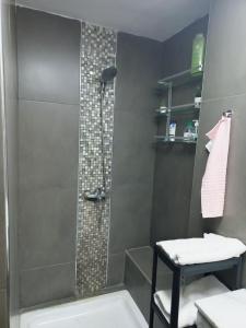 a bathroom with a shower with a toilet and a sink at Superbe Appartement à proximité de la corniche in Casablanca