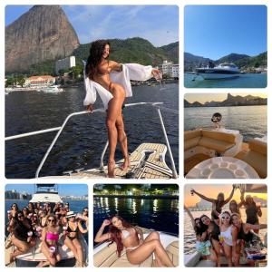 un collage de fotos de una mujer en un barco en Passeios Privativos de Lancha RJ en Río de Janeiro