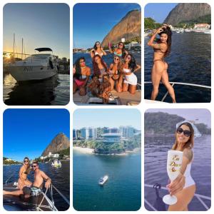 a collage of photos of people on the water at Passeios Privativos de Lancha RJ in Rio de Janeiro