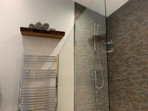 een badkamer met een douche met een glas bij Millbrae Lodges in Belfast