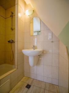 uma casa de banho com um lavatório, um chuveiro e um espelho. em U KOMINKA em Zakopane