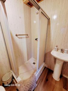 a bathroom with a shower and a sink at Alojamientos La Casita del Centro in Panguipulli +21 photos