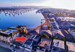 an aerial view of a harbor with boats in the water at Newport Surf Casita in Newport Beach