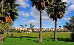 un grupo de palmeras frente a un complejo en Bungalows Cordial Green Golf en Maspalomas