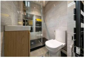 a bathroom with a toilet and a sink and a shower at La Parenthèse Rémoise in Reims