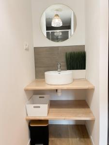 ein Bad mit einem Waschbecken und einem Spiegel in der Unterkunft Maison spacieuse et chaleureuse in Condé-sur-Sarthe