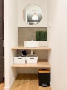 ein Bad mit einem Waschbecken und einem Spiegel in der Unterkunft Maison spacieuse et chaleureuse in Condé-sur-Sarthe