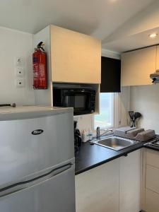 een kleine keuken met een koelkast en een wastafel bij Camping Riva Bella in Ouistreham