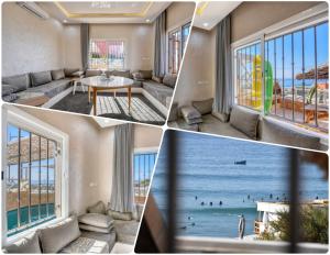 un collage de fotos de una habitación con vistas al océano en Cactus pool House - Luxe - 6 Px en Imsouane