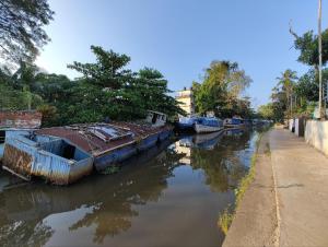 um grupo de barcos estacionados num rio com uma calçada em Paddy N Canal Homestay em Alappuzha