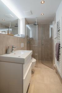 y baño con aseo, lavabo y ducha. en Haus Noena - Wohnung 7 Inselschatz, en Norderney