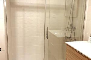 een douche met een glazen deur in de badkamer bij Estudio Plaza Maribel con parking incluido in Sierra Nevada