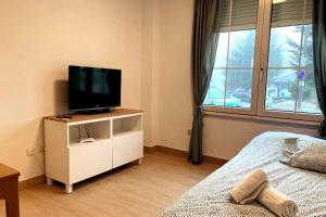 a bedroom with a bed and a television on a cabinet at Estudio Plaza Maribel con parking incluido in Sierra Nevada