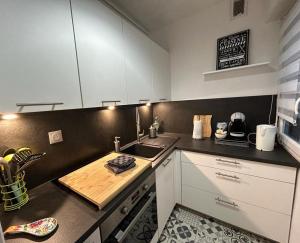 eine Küche mit weißen Schränken, einer Spüle und einer Theke in der Unterkunft Hirondelle : Appartement privé avec garage in Annecy