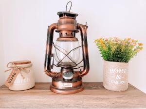 an old lantern sitting on a table with a plant at Cosy Studio-House with Terrace in Târgu-Mureş