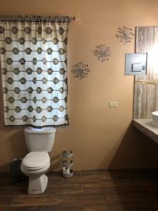 a bathroom with a toilet and a shower curtain at Banyan Rose Room 3 in Orange Walk
