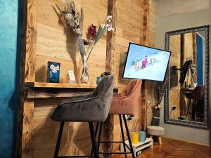 a room with two chairs and a television on a wall at Apartman Marijana in Novi Sad