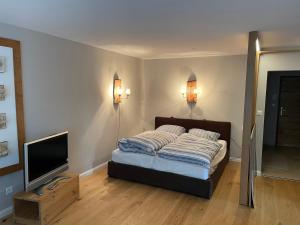een slaapkamer met een bed en een flatscreen-tv bij Apartment Palueda in Davos-Dorf in Davos