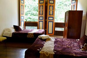 um quarto com duas camas e uma grande janela em HOSTAL CASA VICTORIA PIJAO em Pijao
