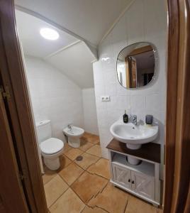 ein Badezimmer mit einem Waschbecken, einem WC und einem Spiegel in der Unterkunft La casa del patio in Zafra