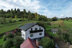 an aerial view of a white house in a field at Cazare la Mitică in Subcetate
