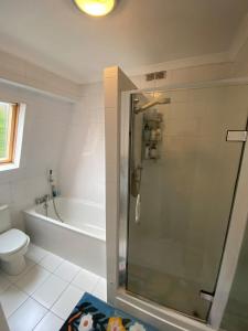 a bathroom with a shower and a toilet and a tub at Modern 1BD Farmhouse-Style Flat - Dalston! in London