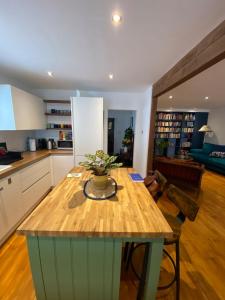 a kitchen with a table with a potted plant on it at Modern 1BD Farmhouse-Style Flat - Dalston! in London