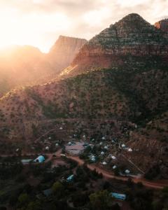 an aerial view of a village in the mountains at Zion Glamping Adventures in Hildale