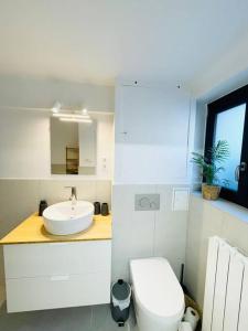 a white bathroom with a toilet and a sink at Modern townhouse with Private Garden in Differdange