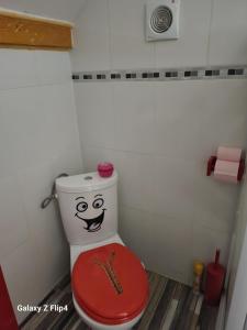 uma casa de banho com um WC com uma cara desenhada em les oliviers em Veigné