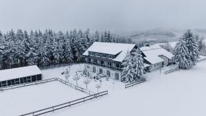 una vista aerea di una casa ricoperta di neve di Wittgensteiner Landhaus Winterberg a Winterberg