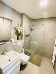 La salle de bains est pourvue d'un lavabo, de toilettes et d'une douche. dans l'établissement Luxury Green Flat in Center with Parking & Terrace, à Luxembourg