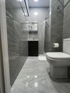 La salle de bains est pourvue de toilettes et d'un lavabo. dans l'établissement Plaza London Hotel, à Londres