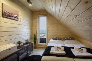 提利茲的住宿－Domek Tylicz Widoki，小木屋内带两张床的房间