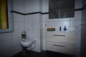 La salle de bains blanche est pourvue de toilettes et d'un lavabo. dans l'établissement Haus Jakob, à Filzmoos