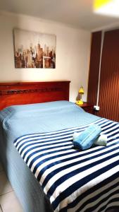1 dormitorio con cama de rayas azul y blanco en VidaNatural, en Santiago
