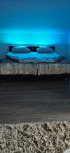 Bett in einem Zimmer mit blauer Wand in der Unterkunft Mony land in Netphen