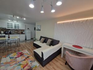 ein Wohnzimmer mit einem Sofa und einer Küche in der Unterkunft Golden Airport Residence in Otopeni