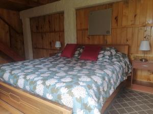 1 dormitorio con 1 cama en una cabaña de madera en El Refugio de la Estancia, en Isla Negra