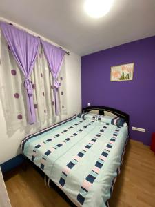 Schlafzimmer mit einem Bett mit lila Wänden und lila Vorhängen in der Unterkunft Apartman Stanić in Bosanska Gradiška