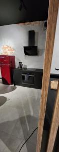 - une cuisine avec une cuisinière dans l'établissement Design Vistula old town apartment free parking, à Cracovie